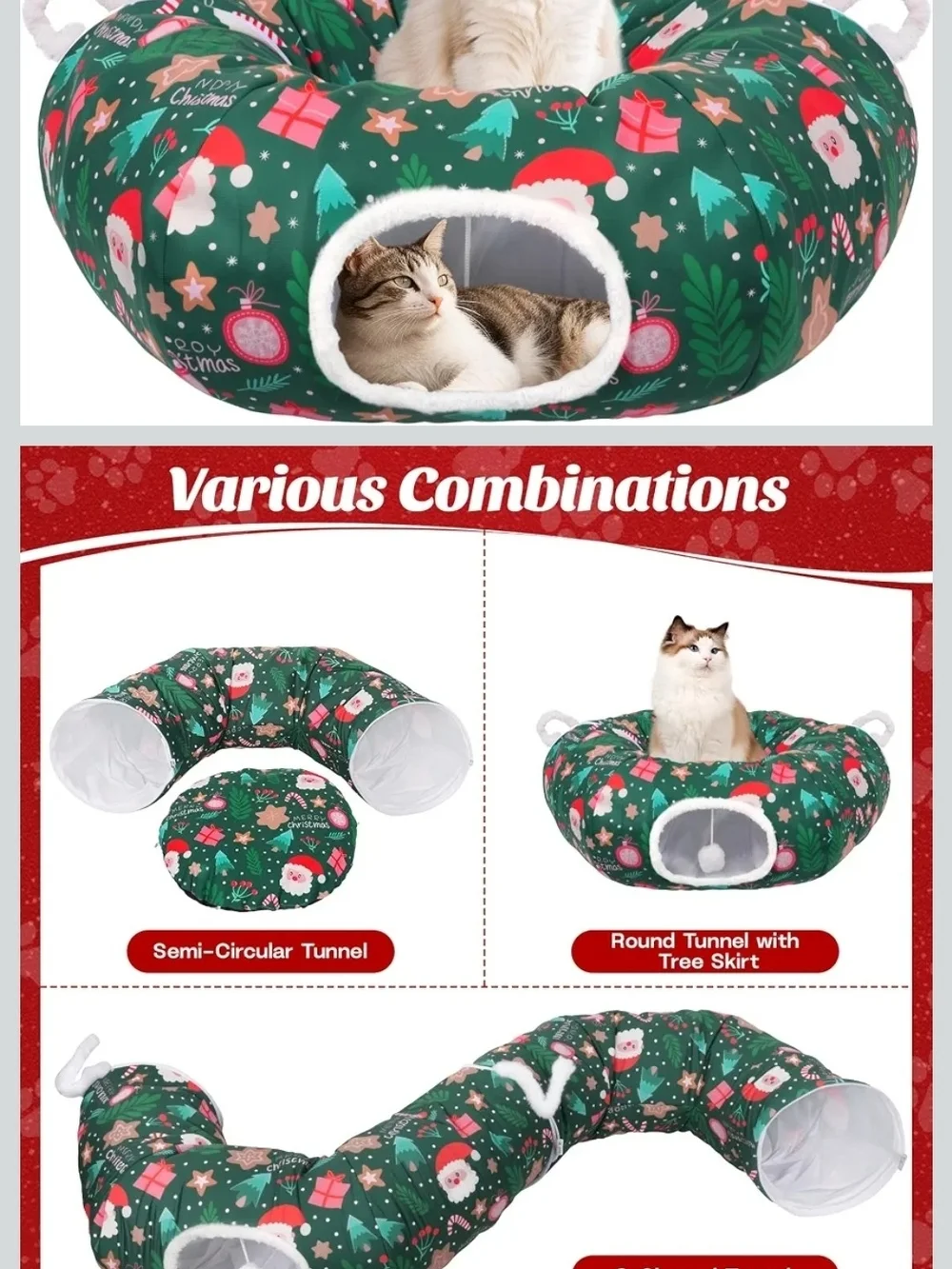 Holiday Cat Tunnel & Bed - Green Christmas Print
